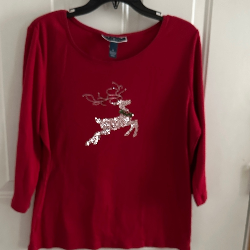 Karen Scott Sequin Holiday  Reindeer Women's Top